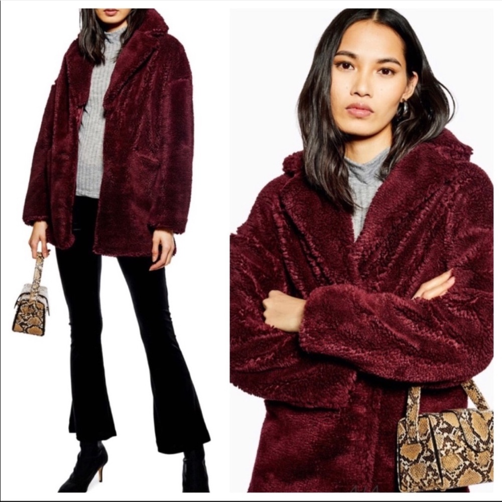 Topshop Faux Fur Burgundy Coat